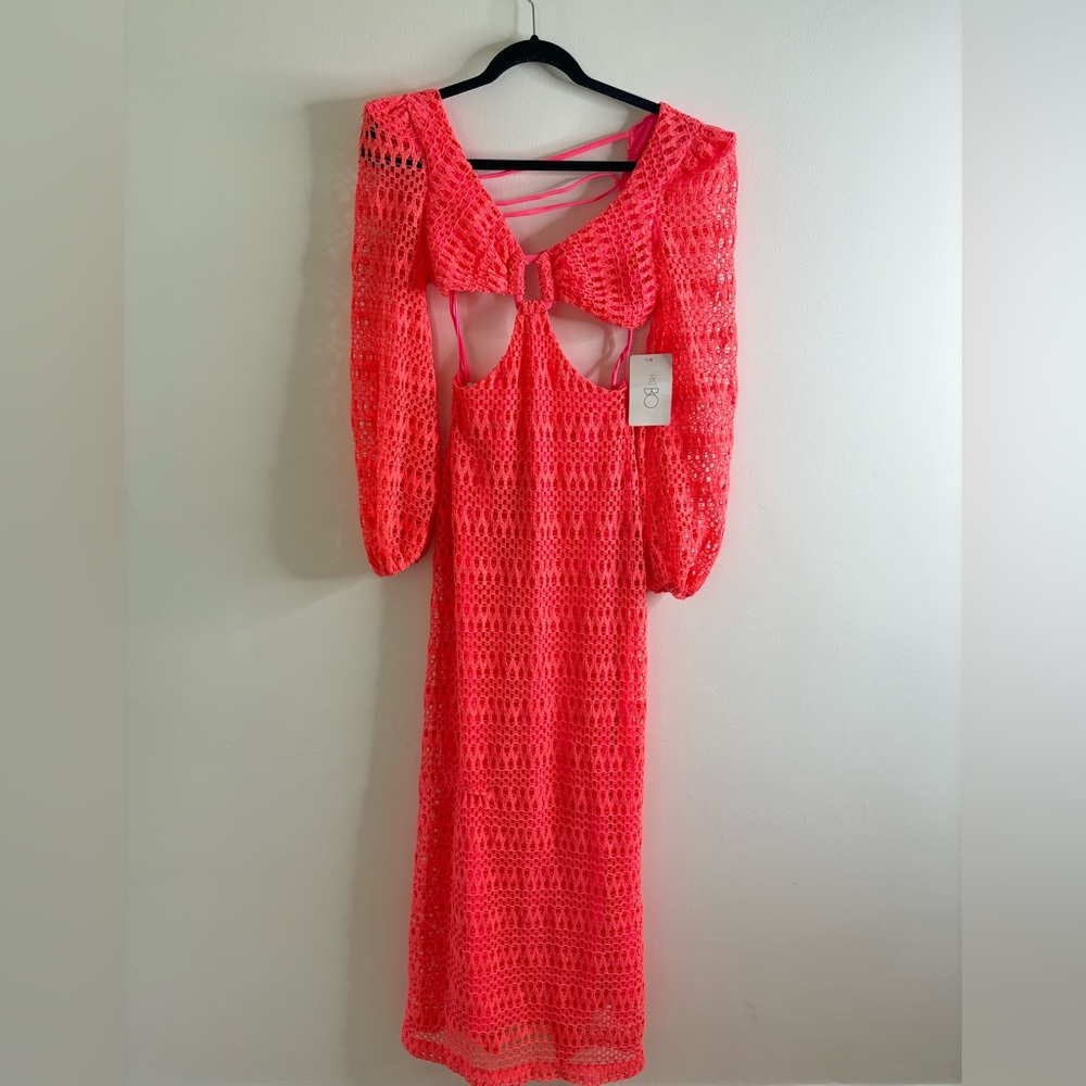 PatBO Neon Coral Cut-Out Crochet Dress - Picture 3 of 10